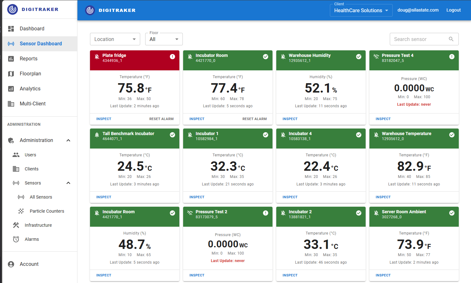 Digitraker sensor monitoring dashboard